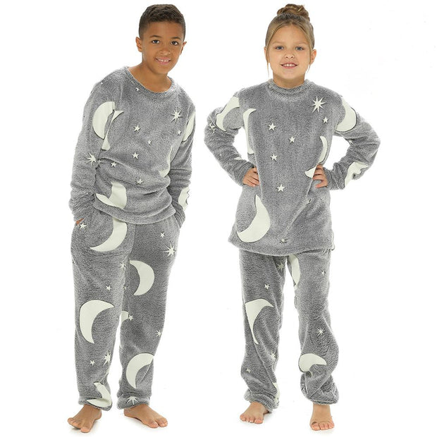 Kids Girls Boys Pyjamas Glow In The Dark Soft Flannel Fleece Sleepwear PJS Set