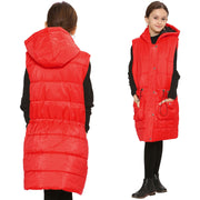 A2Z Kids Girls Down Vest Fashion Oversized Red Hooded Quilted Gilet Padded Long Line Vest Jacket Long Sleeveless Coat Urban Winter Wear Age 7-13 Years