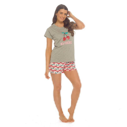 Ladies Cherry Print Pyjama Shorts Set Soft Cotton Jersey Short Sleeve Pyjama Set