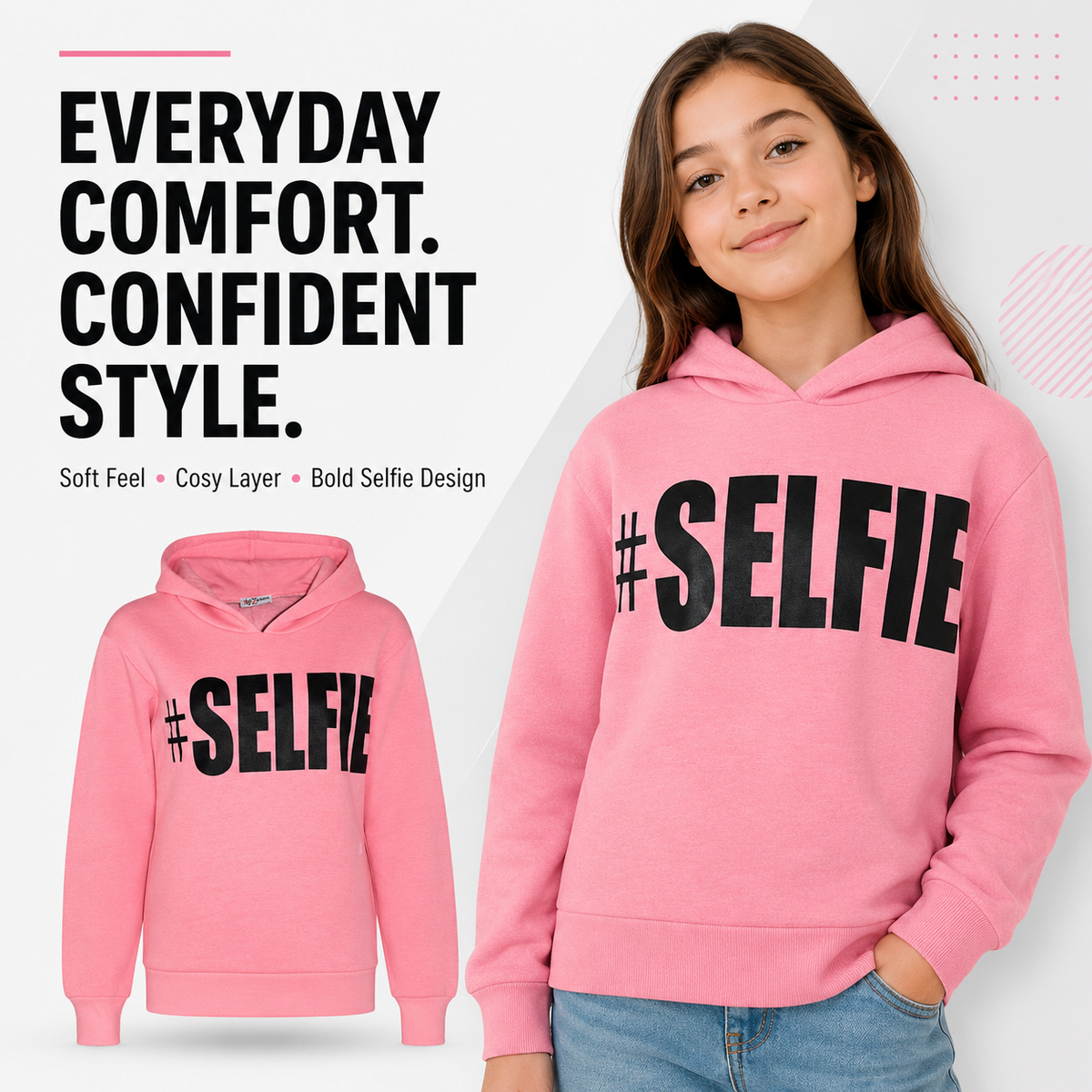 Kids Girls Boys Sweat Shirts Tops #Selfie Hooded Jumpers Hoodies New Age 2-13 Yr