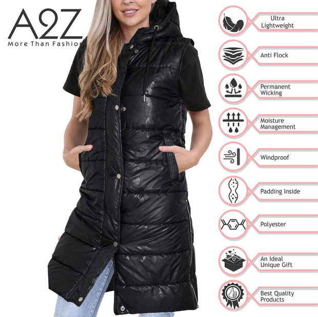 A2Z Ladies Adults Sleeveless Gilet Oversized Camo Black Hooded Quilted Gilet Padded Long Line Vest Jacket Sleeveless Coat Urban Winter Wear