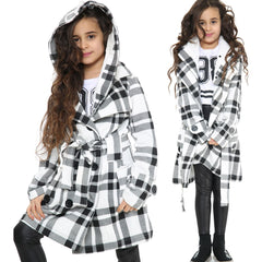 A2Z 4 Kids Kids Girls Parka Jacket Hooded Trench Coat Fashion Warm Padded Black & White Check Jacket Oversized Lapels Belted Cuffs Long Overcoat New Age 5 6 7 8 9 10 11 12 13 Years