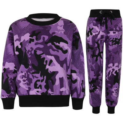 A2Z 4 Kids Camouflage Purple Tracksuit Jumper Sweatshirt Set with Jogger Bottoms PE School Sports Activewear Set Girls Boys Children Age 5-13 years