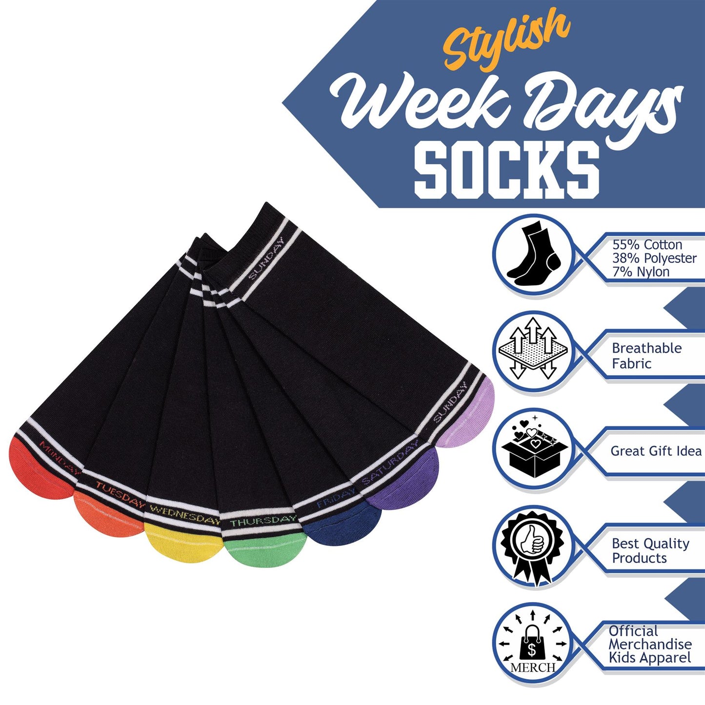 Boys Girls 7 Days Week Socks Cotton Rich Plain Ankle Colourful Heal Toes Socks