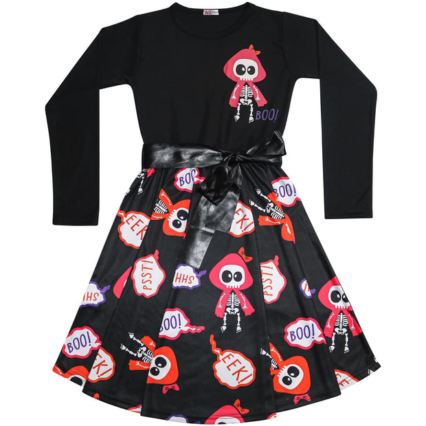 Girls Skeleton Print Contrast Panelled Halloween Skater Dress - A2Z 4 Kids