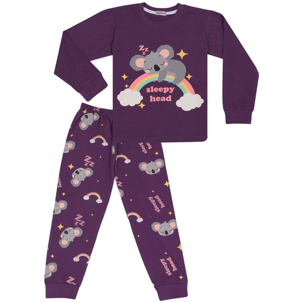 Kids Girls Pyjamas Rainbow & Koala Print Purple Lounge Suit Set - A2Z 4 Kids