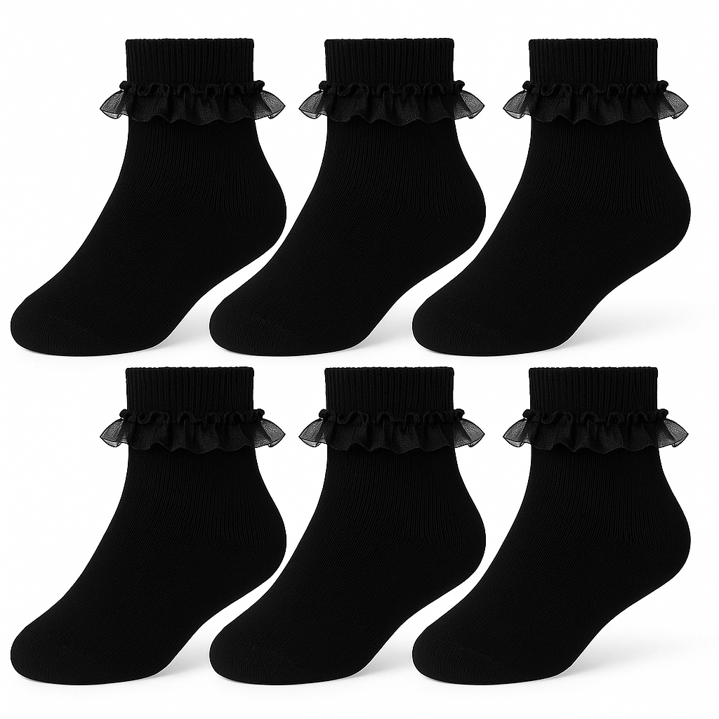 Kids Girls Frilly Lace Socks Pack of 6 Cotton School Party Lace Trim Ankle Socks