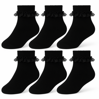 Kids Girls Frilly Lace Socks Pack of 6 Cotton School Party Lace Trim Ankle Socks