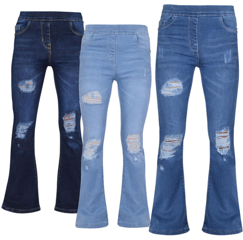 Kids Girls Denim Jeans Comfort Stretchy Flared Bell Bottom Ripped Fashion Pants