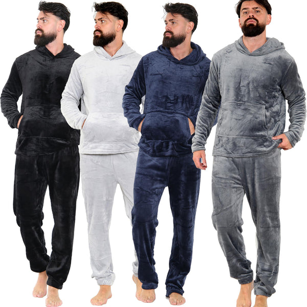 Mens Pyjamas Soft Warm Fleece Adults Hooded Pyjamas 2 Piece Gift Set For Mens