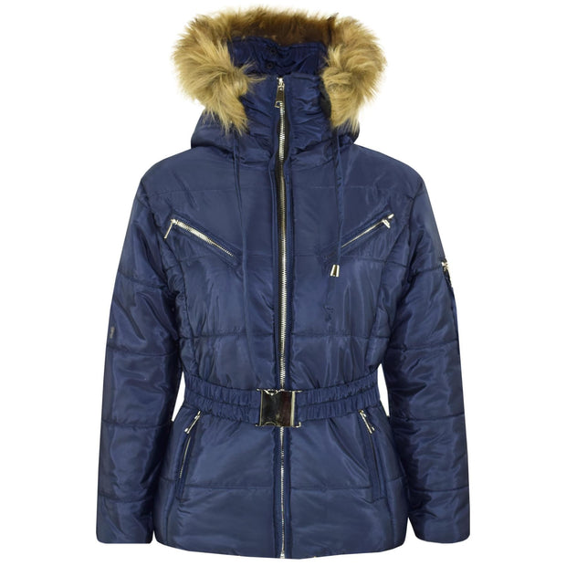 A2Z 4 Kids Kids Girls Jackets Navy Puffer Hooded Stylish Detachable Faux Fur Padded Zipped Belted Slim Fit Warm Coats New Age 5 6 7 8 9 10 11 12 13 Years