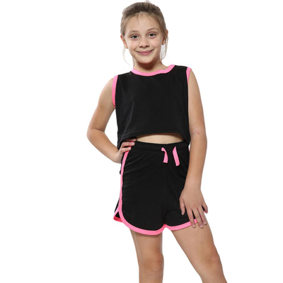 Kids Girls Shorts 100% Cotton Contrast Taped Summer Black Top & Hot Shorts Outfit Set New Age 5 6 7 8 9 10 11 12 13 Years