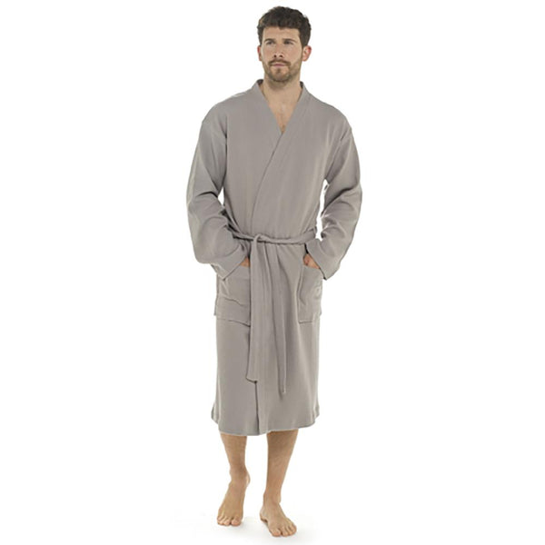 Mens Grey Texture Knitted Cotton Waffle Dressing Gown with Belt & Front Pockets