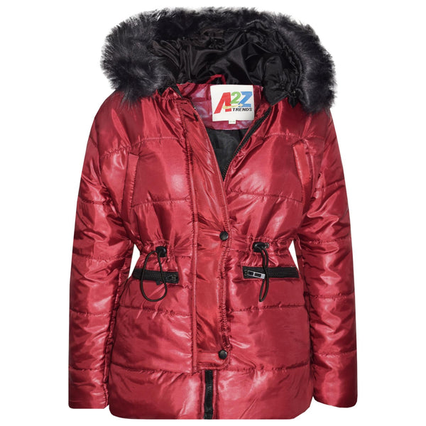Kids Girls Jackets Puffer Hooded Detachable Faux Fur Wet Look Padded Long Coats