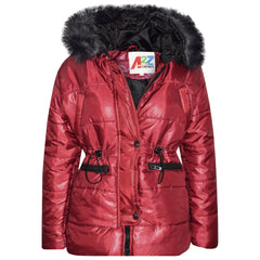 Kids Girls Jackets Puffer Hooded Detachable Faux Fur Wet Look Padded Long Coats