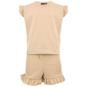 Kids Girls Flared Cap Sleeves Crop Top Plain Color T Shirt Top & Hot Shorts Set