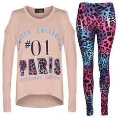 Girls Top Kids #01 Paris Print Trendy Top & Multi Leoaprd Legging Set 7-13 Years