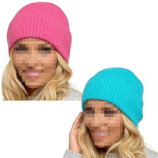 A2Z Ladies Hat Ribbed Knitted Turn Up Beanie Stretchy Soft Feel Winter Warm Caps