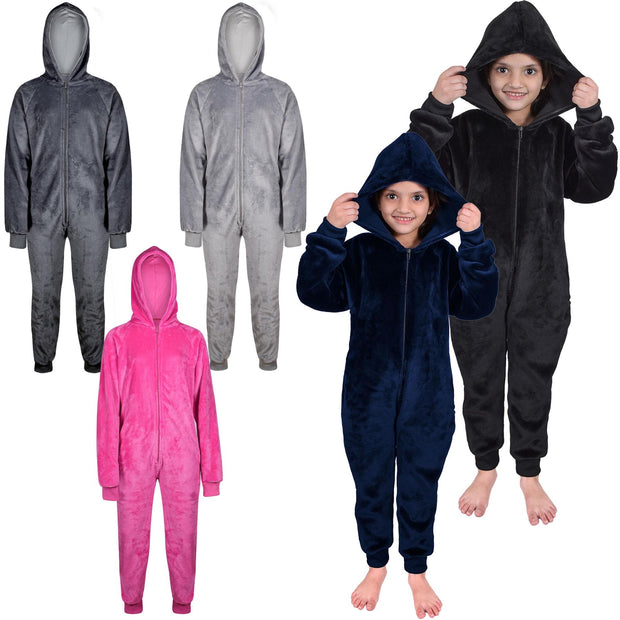 Kids Girls Boys Plain Fleece A2Z Onesie One Piece Hooded All In One Jumpsuit