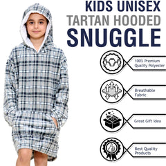 Kids Girls Boys Oversized Hoodie Blue Tartan Printed Snuggle Soft Fleece Blanket