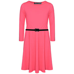 Girls Skater Dress Kids Party Fashion Dresses With Free Belt 3/4 Sleeves 7-13 Yr