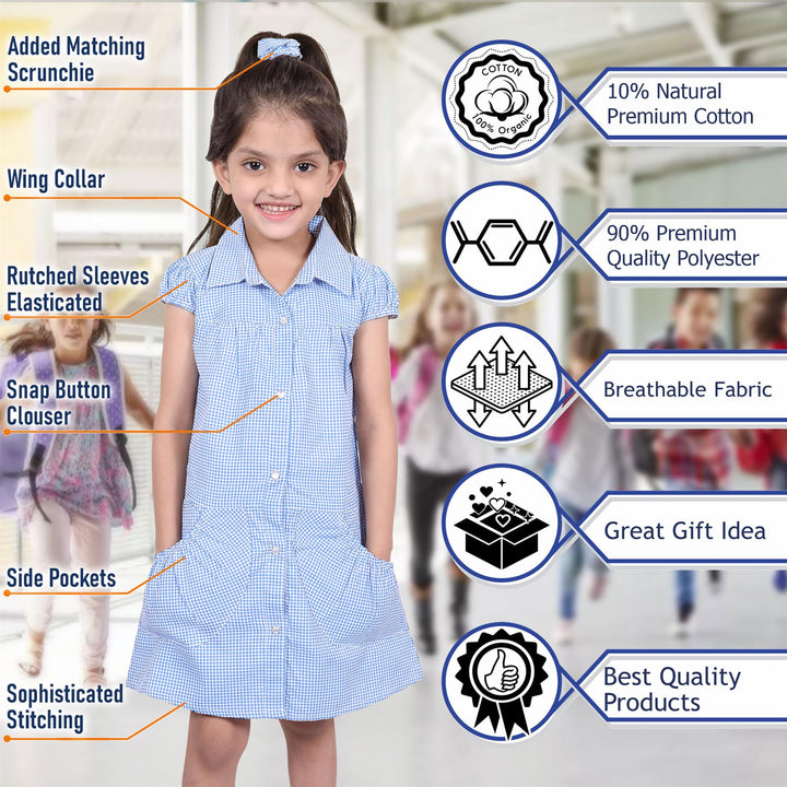 Girls Uniform School Dress Gingham Check Printed Dress With Matching Scrunchies - A2Z 4 Kids