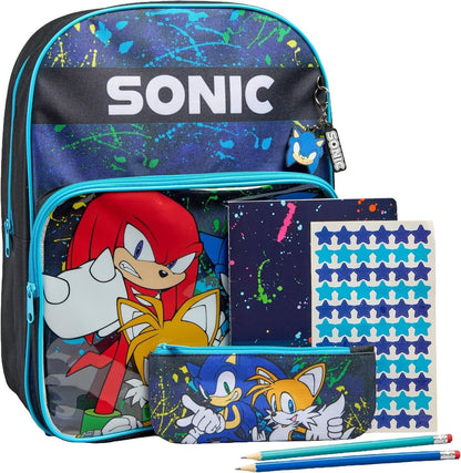 Sonic The Hedgehog Backpack Set with Pencil Case Notebook Stickers & Keyring