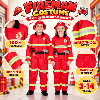 Kids Fireman Costume Firefighter Role Play Halloween Fire Man Uniform Outfit Kit