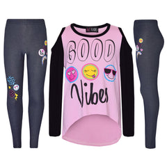 Girls Top Kids Good Vibes & Emojis Print T Shirt Tops & Jegging Set 7-13 Years
