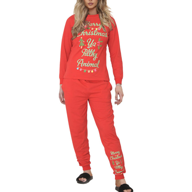 A2Z Ladies 2 Piece Christmas Pyjama Set Loungewear Soft Cotton PJS Long Sleeve Ya Filthy Animal Printed Red Color Top Bottom Xmas Gift for Ladies Matching PJS Lounge Suit S/M/L/XL/2XL