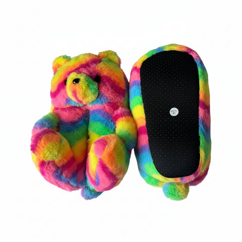 Kids Girls Womens 3D Rainbow Bear Slippers Cute Animal Face Soft Plush Warm Shoe