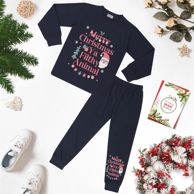 A2Z 4 Kids Girls Christmas Pyjamas Children PJs 2 Piece Festive Set Ya Filthy Animal Santa Print Navy Lounge Suit for Children Unisex Top Bottom Pyjamas Loungewear Gifts Age 2-3, 3-4, 5-6, 7-8, 9-10, 11-12 & 13 Years