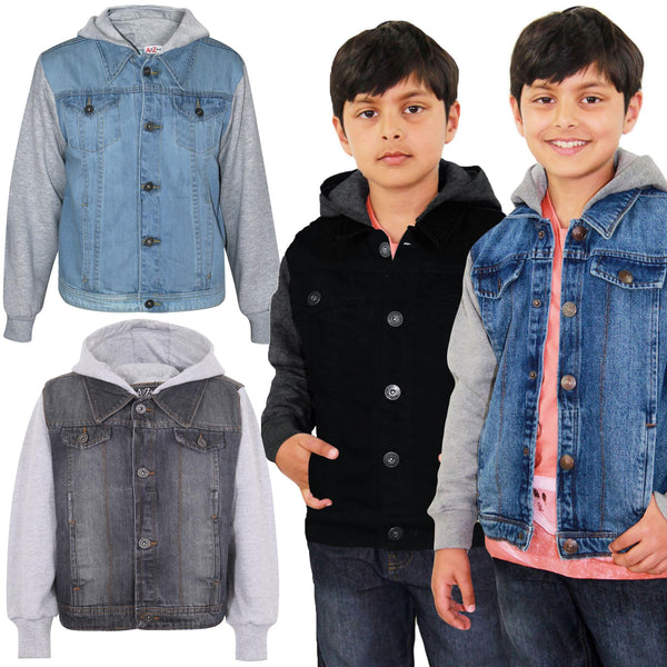 Kids Boys Denim Jacket Fleece Long Sleeves Hooded Stylish Jeans Coat For 2-13 Yr