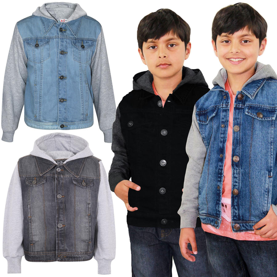 Kids Boys Denim Jacket Fleece Long Sleeves Hooded Stylish Jeans Coat For 2-13 Yr