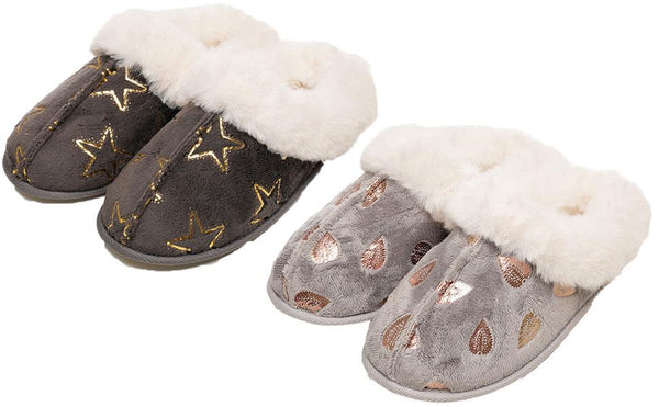 A2Z Ladies Foil Heart and Star Mule Slippers Warm Faux Fur Lined Indoor Shoes
