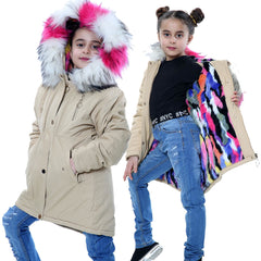 Kids Faux Fur Lined Parka Coat Rainbow Fur Hooded Jacket Girls Boys Age 2-13 Yrs