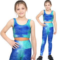 Girls Honeycomb Blue Leggings Crop Top Vest Dance Yoga Exercise High Waist Set