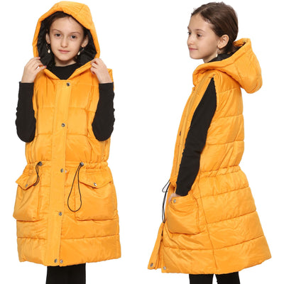 A2Z Kids Girls Down Vest Fashion Oversized Mustard Hooded Quilted Gilet Padded Long Line Vest Jacket Long Sleeveless Coat Urban Winter Wear Age 7-13 Years