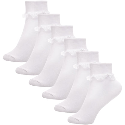 Kids Girls Frilly Lace Ankle Socks Pack of 6 Cotton School Party Lace Trim Socks