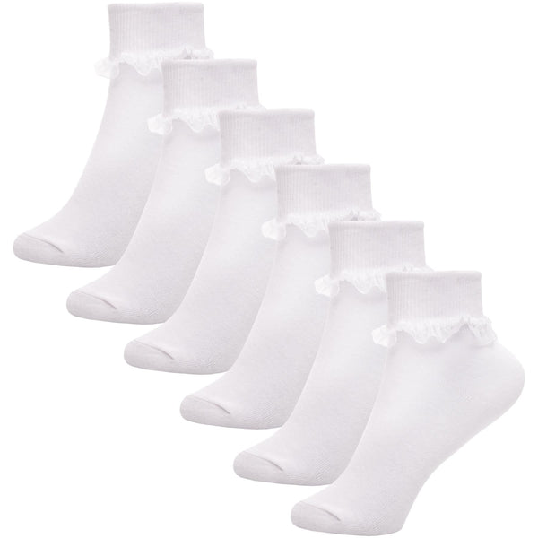 Kids Girls Frilly Lace Ankle Socks Pack of 6 Cotton School Party Lace Trim Socks