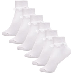 Kids Girls Frilly Lace Ankle Socks Pack of 6 Cotton School Party Lace Trim Socks