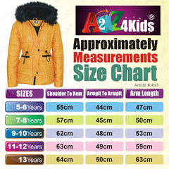 Kids Girls Jackets Puffer Hooded Detachable Faux Fur Wet Look Padded Long Coats