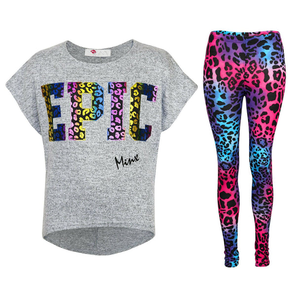 Kids Girls " EPIC " Printed Stylish Crop Top & Fashion Legging Set 7-13 Years