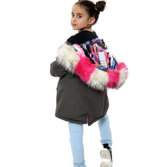 Kids Faux Fur Lined Parka Coat Rainbow Fur Hooded Jacket Girls Boys Age 2-13 Yrs