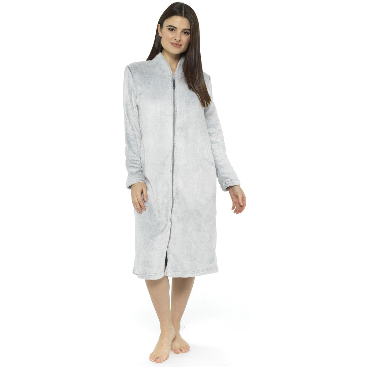 Ladies Dressing Gown Fluffy Bathrobe Women Zip Through Full Length House Coat