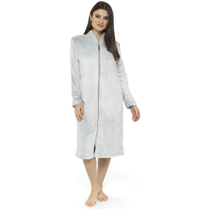 Ladies Dressing Gown Fluffy Bathrobe Women Zip Through Full Length House Coat