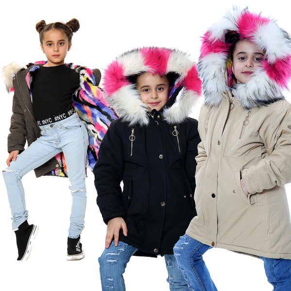 Kids Faux Fur Lined Parka Coat Rainbow Fur Hooded Jacket Girls Boys Age 2-13 Yrs