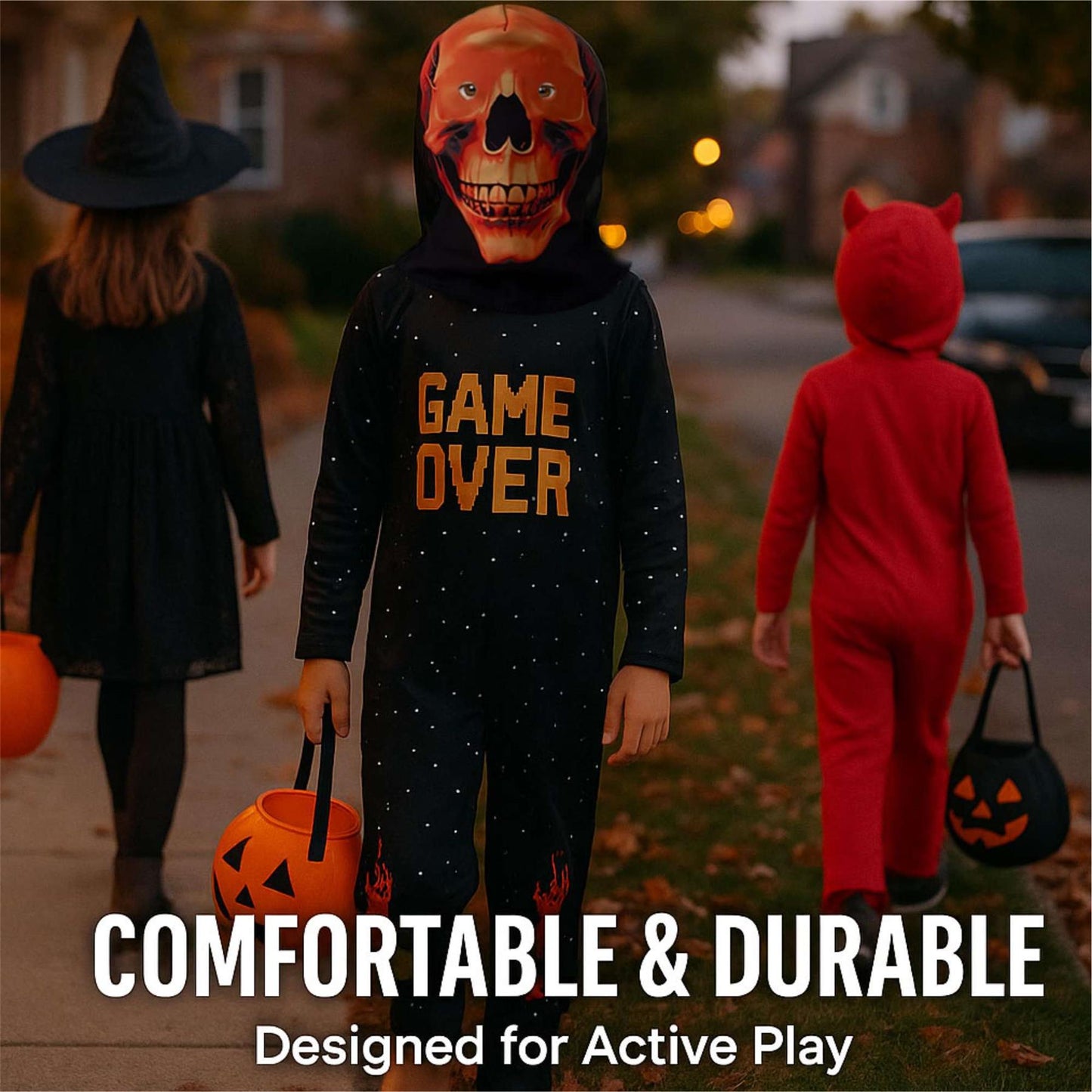 A2Z 4 Kids Game Over Skeleton Costume Halloween Fancy Dress Spooky Gamer Cosplay