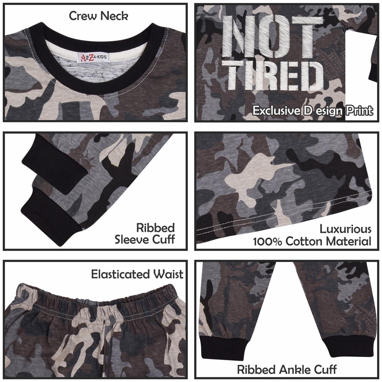 Kids Unisex Camo Green Print Pyjamas Children PJs Loungewear Age 2-13