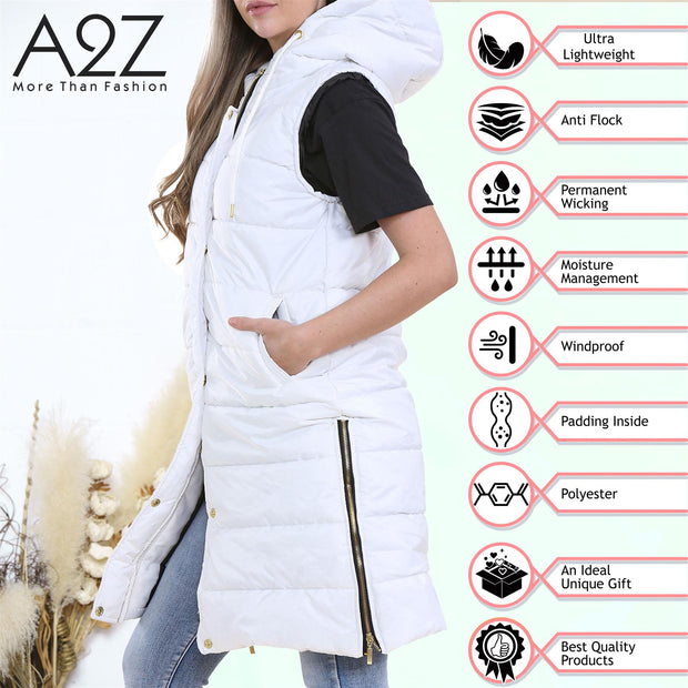 A2Z Ladies Adults Sleeveless Gilet Oversized Hooded White Quilted Gilet Padded Long Line Vest Jacket Sleeveless Coat Urban Winter Wear